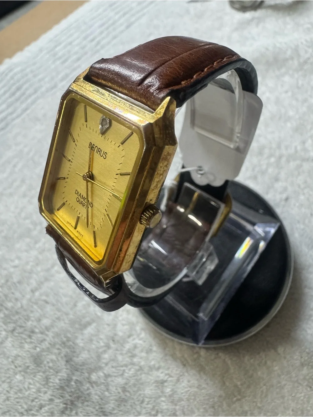 Benrus Gold-Tone Diamond Accent Quartz Watch with Brown Leather Strap